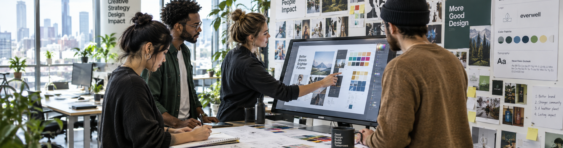team sketching layouts and reviewing color swatches on a touchscreen in a creative studio