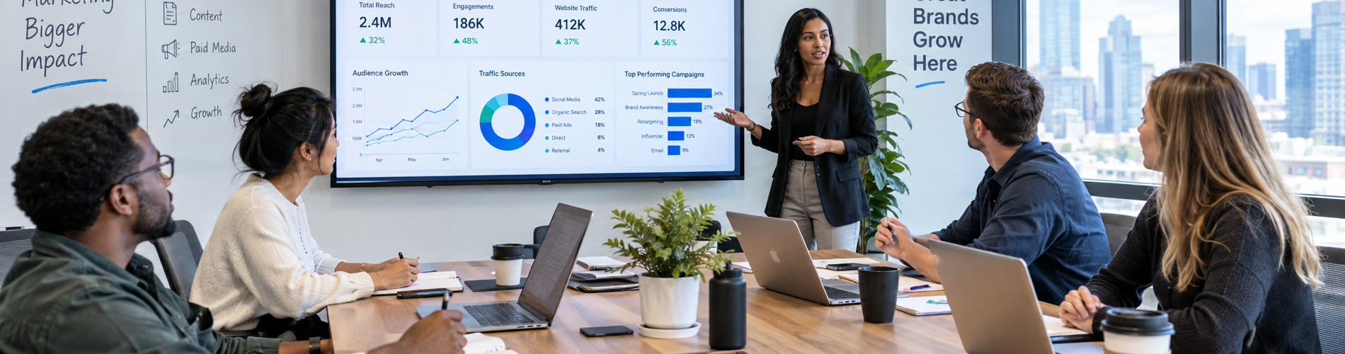 team presenting a campaign analytics dashboard in a meeting room