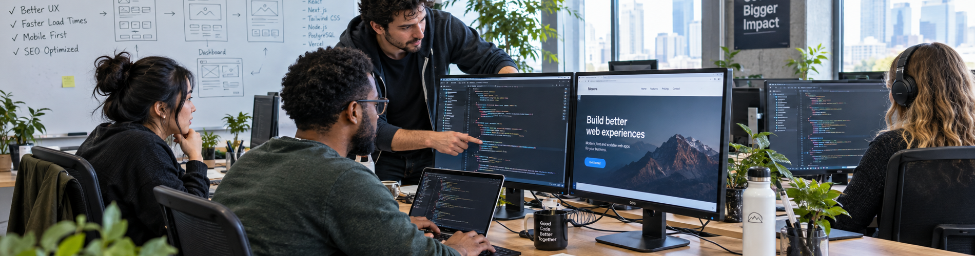 team collaborating at multi-monitor desks reviewing code and a live site preview